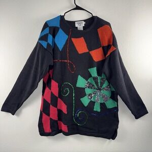 Vintage Sequin Sweater Large Black‎ Abstract 80's 90's  Cervelle Ramie Cotton
